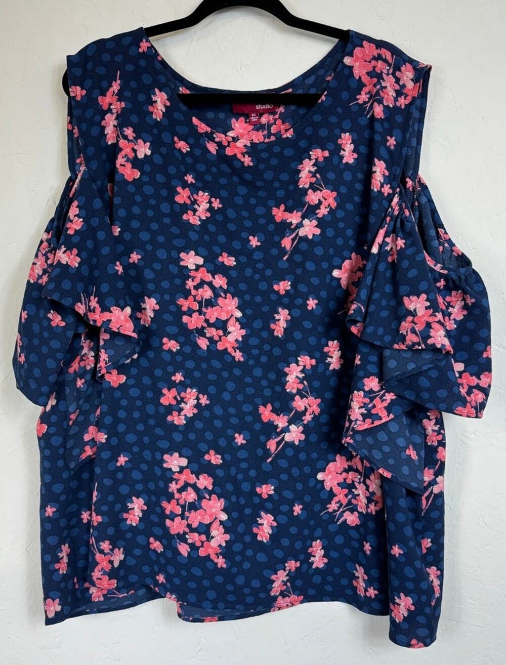 Downing Studio Blue Floral Short Sleeve Blouse Women's 5X